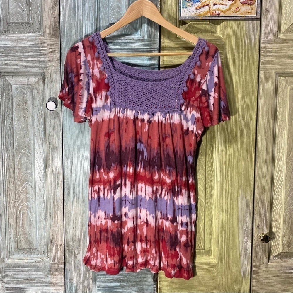 𝅺cha Cha Vente Tie Dye Crochet Flutter Sleeve  T Shirt Size XL​
